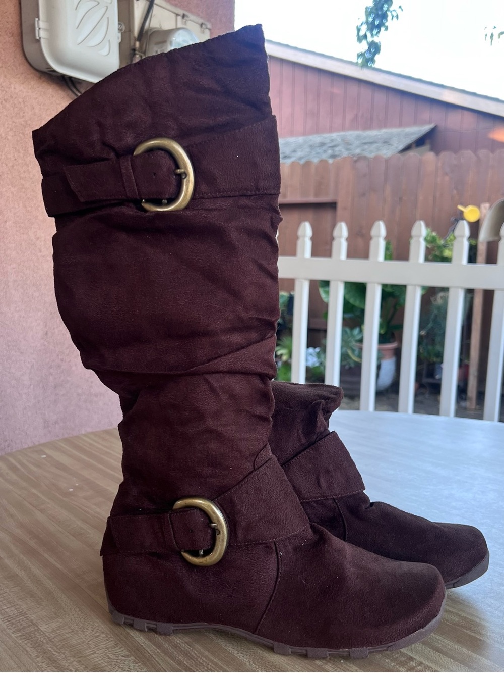 Brown Mid-Calf Women's Suede Boots with Buckle Detail